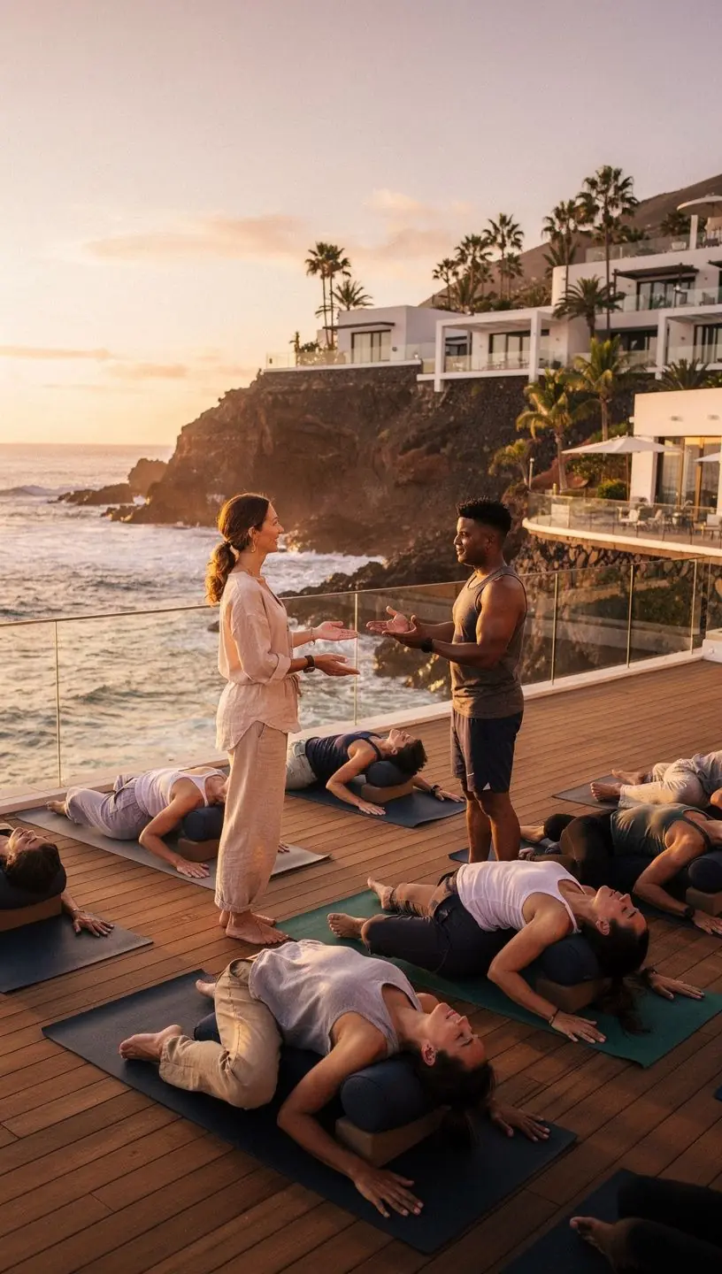 Grupo de personas en una clase de yoga, enfocándose en ejercicios para la salud de la espalda.