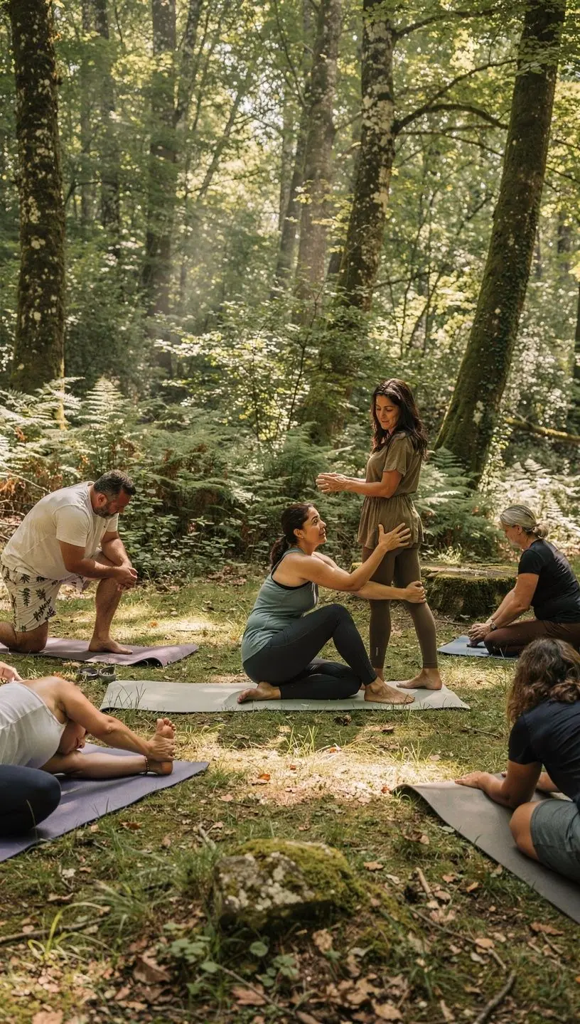 Instructor de yoga guiando a los participantes en técnicas de respiración para aliviar el dolor de espalda.