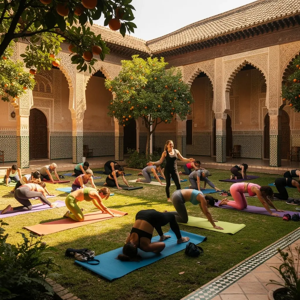 Grupo de personas en una clase de yoga, enfocándose en ejercicios para la salud de la espalda.