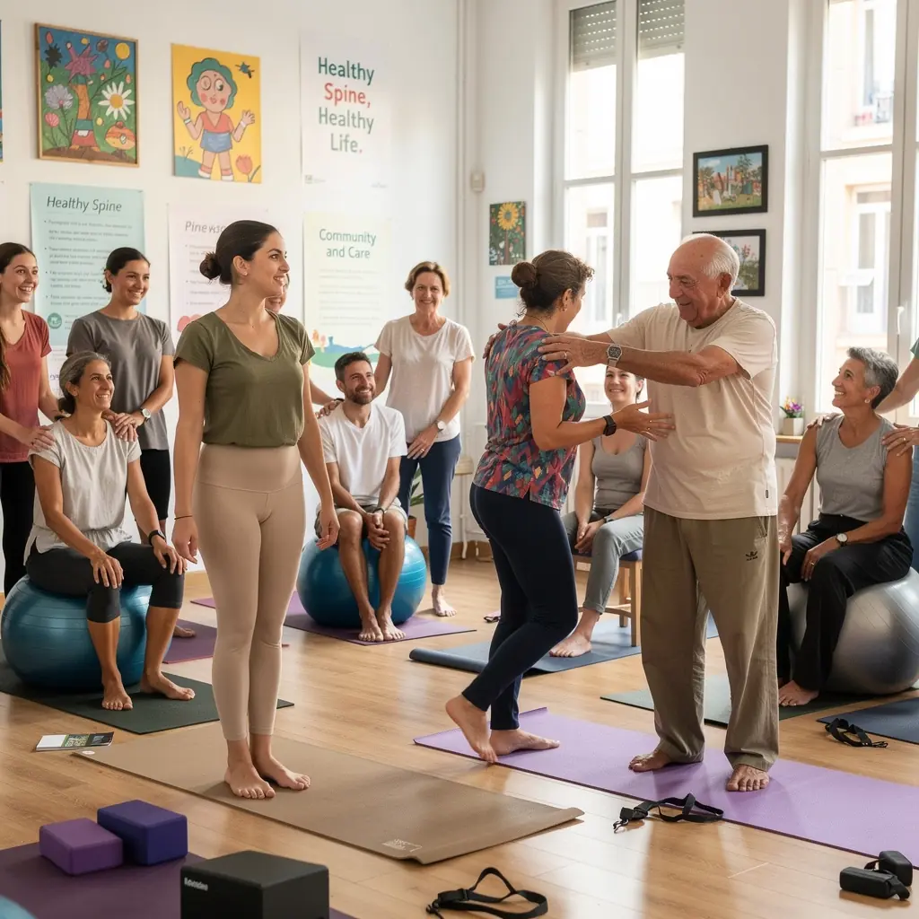Grupo de personas en una clase de yoga, enfocándose en ejercicios para la salud de la espalda.