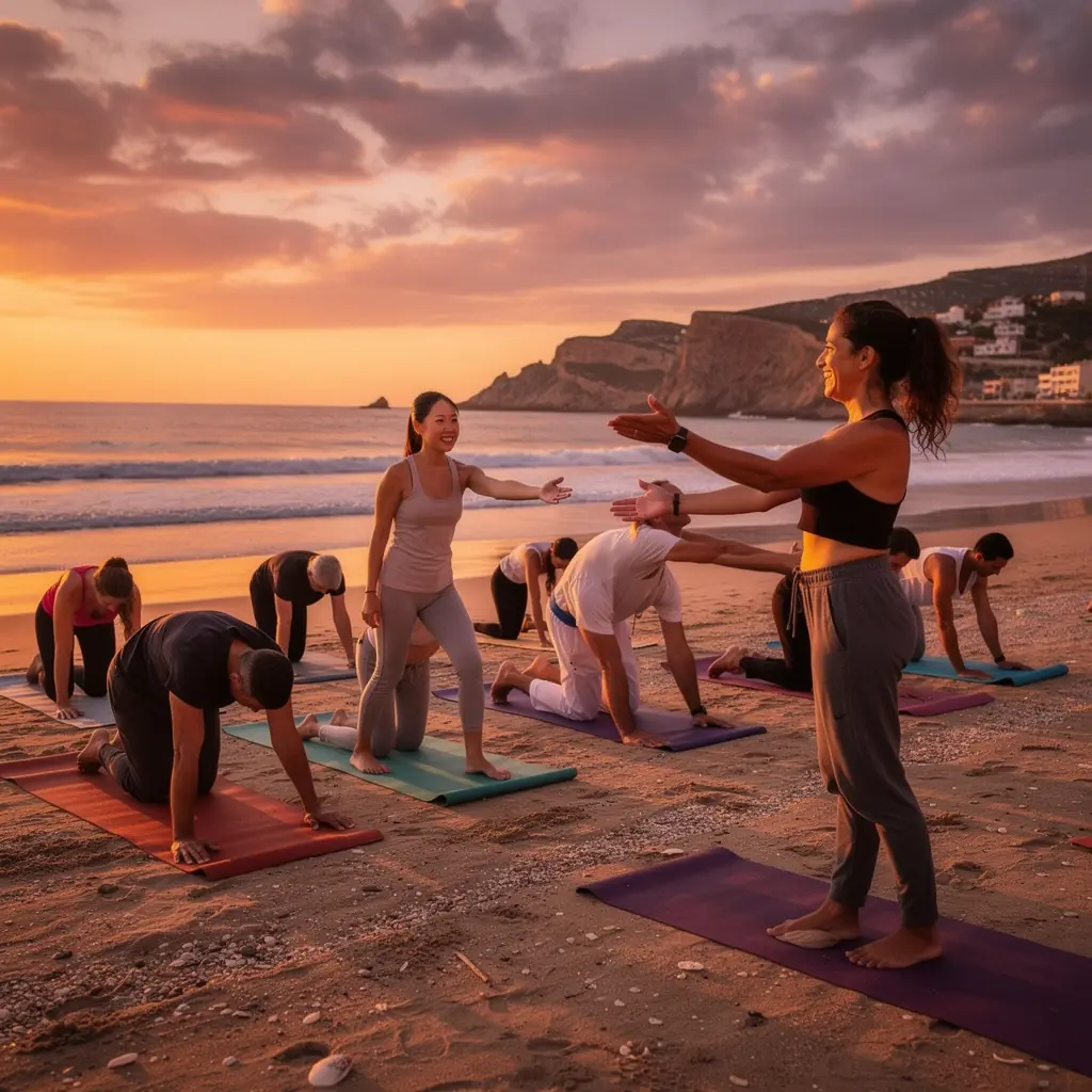 Grupo de personas en una clase de yoga, enfocándose en ejercicios para la salud de la espalda.