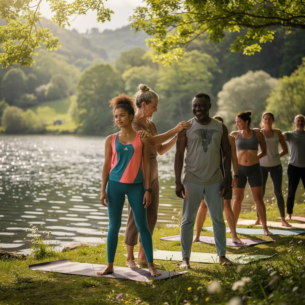 Grupo de personas en una clase de yoga, enfocándose en ejercicios para la salud de la espalda.